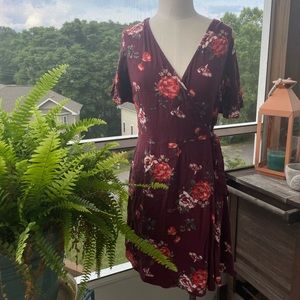 Maroon Red Dress with Floral Pattern